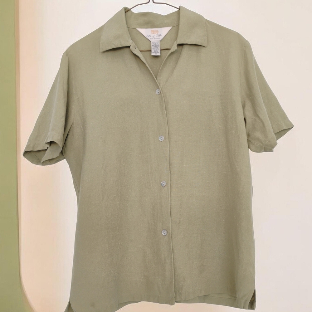 Silk-Linen Blouse Vintage Art Of Silk Ladies Short Sleeved Light Olive Green - M